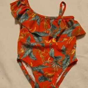 Janie and Jack Red Tropical One-Shoulder Swimsuit
